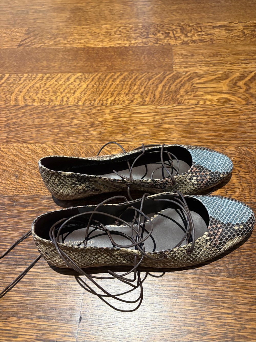 Reformation Snakeskin Lace-Up Flats in Brown and Blue